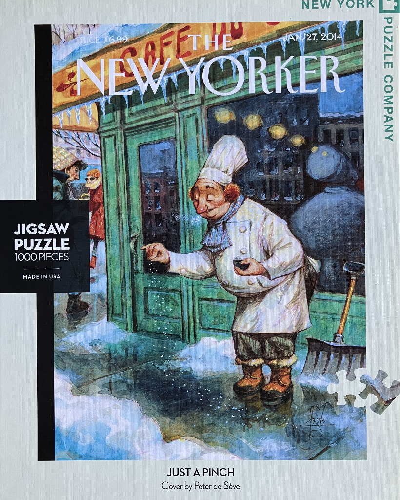 A whimsical illustration of a chef sprinkling salt on an icy sidewalk in front of a green cafe.