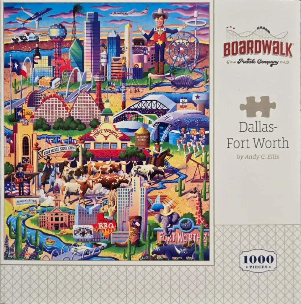 A cartoon-style collage illustration of the Dallas-Fort Worth area featuring landmarks, longhorns, and cityscapes.