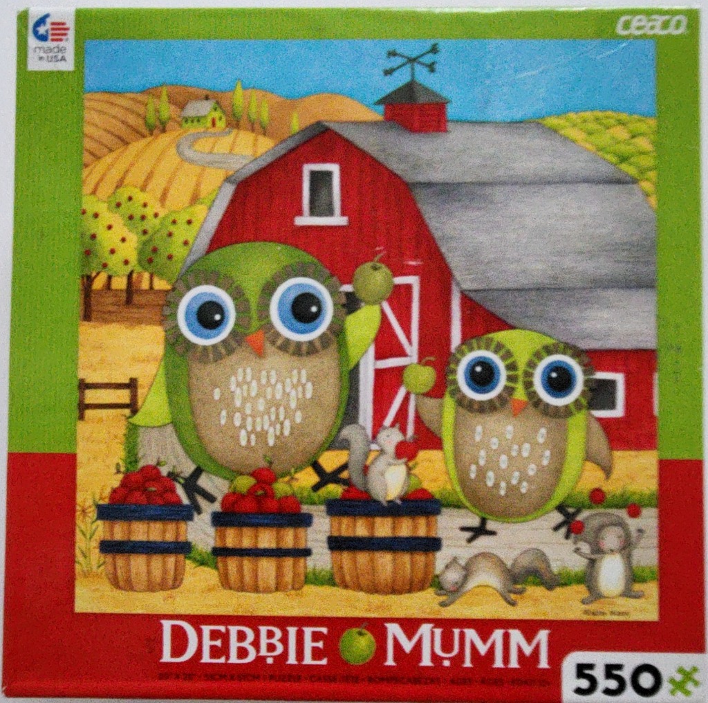 Two cartoon owls and squirrels in an orchard with a red barn in the background