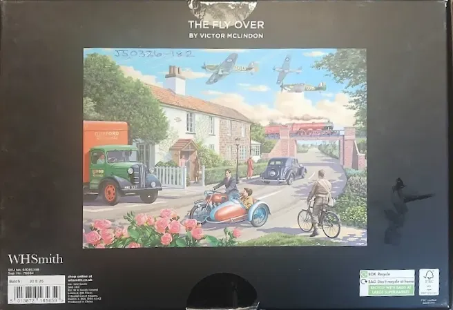 A nostalgic illustration featuring a 1940s-style village scene with a steam train, vintage vehicles, and WWII-era aircraft.