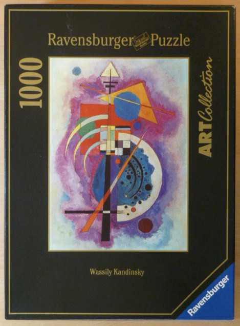 Wassily Kandinsky's abstract painting with geometric shapes and a soft violet wash.