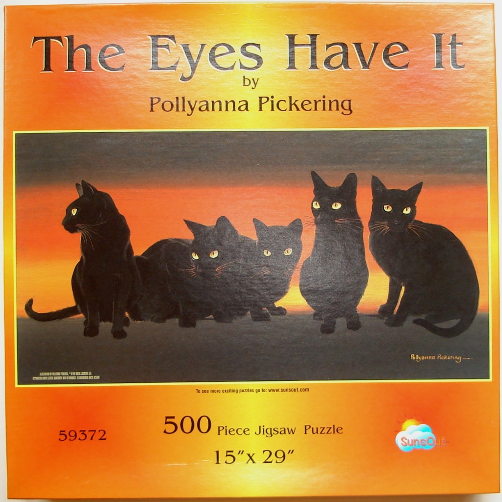 Five black cats sitting in a row against a sunset background