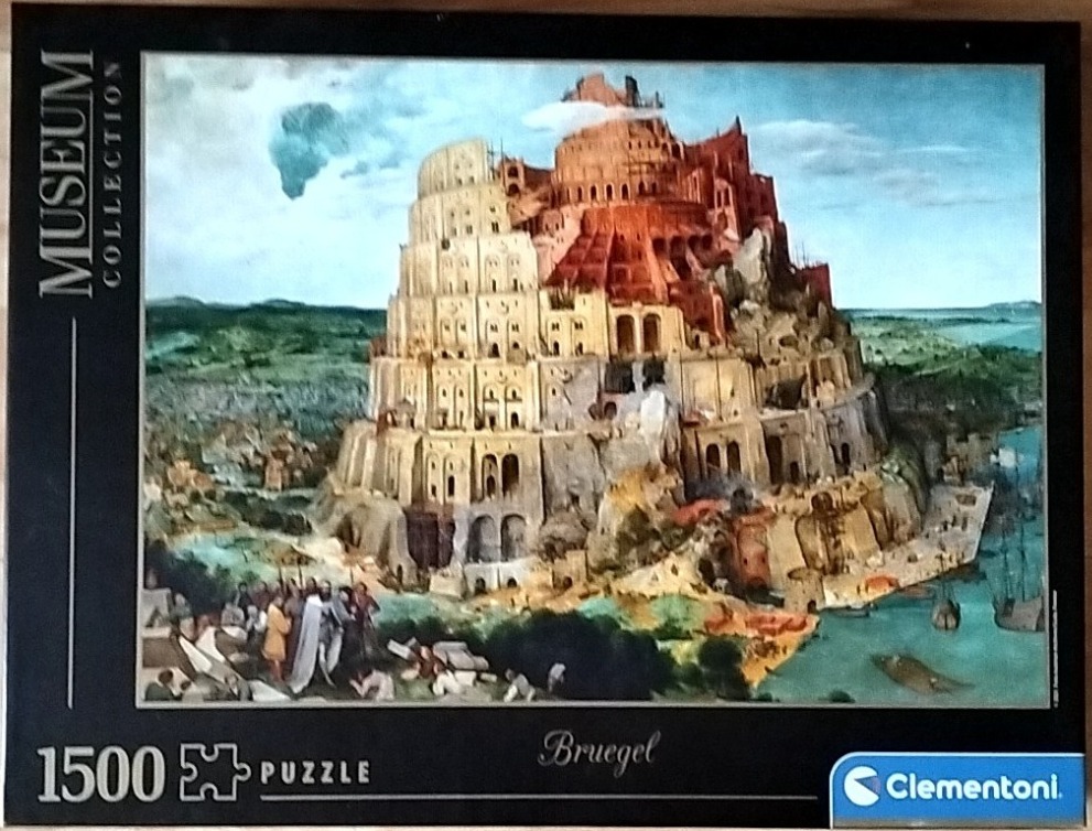 A detailed classical painting of the Tower of Babel, featuring a massive, multi-tiered structure in a coastal landscape.