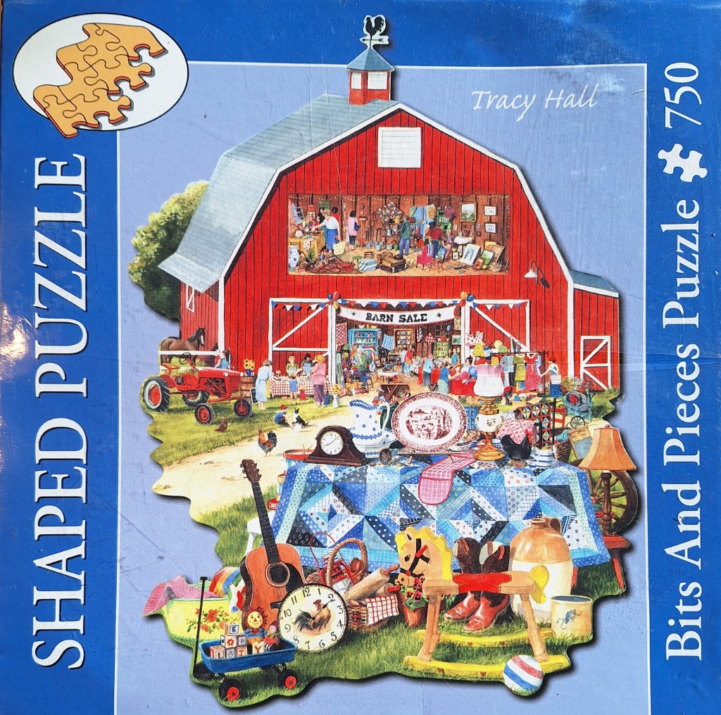 A shaped illustration of a busy rural barn sale with a red barn, tractors, and tables covered in antique goods.