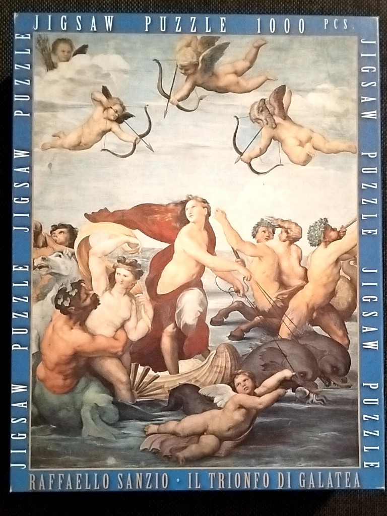 A reproduction of Raphael's The Triumph of Galatea, featuring Galatea in a shell chariot surrounded by mythological figures.