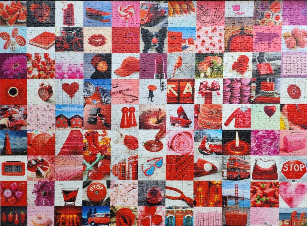 A collage of 81 square images, all featuring the color red in various objects and scenes.