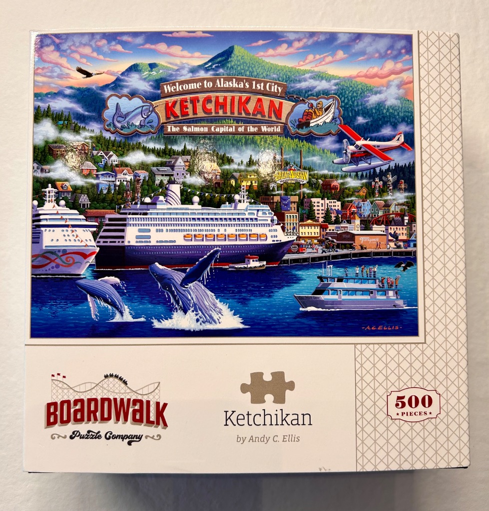 Painting of Ketchikan, Alaska, featuring cruise ships, whales, and a seaplane against a mountain backdrop.