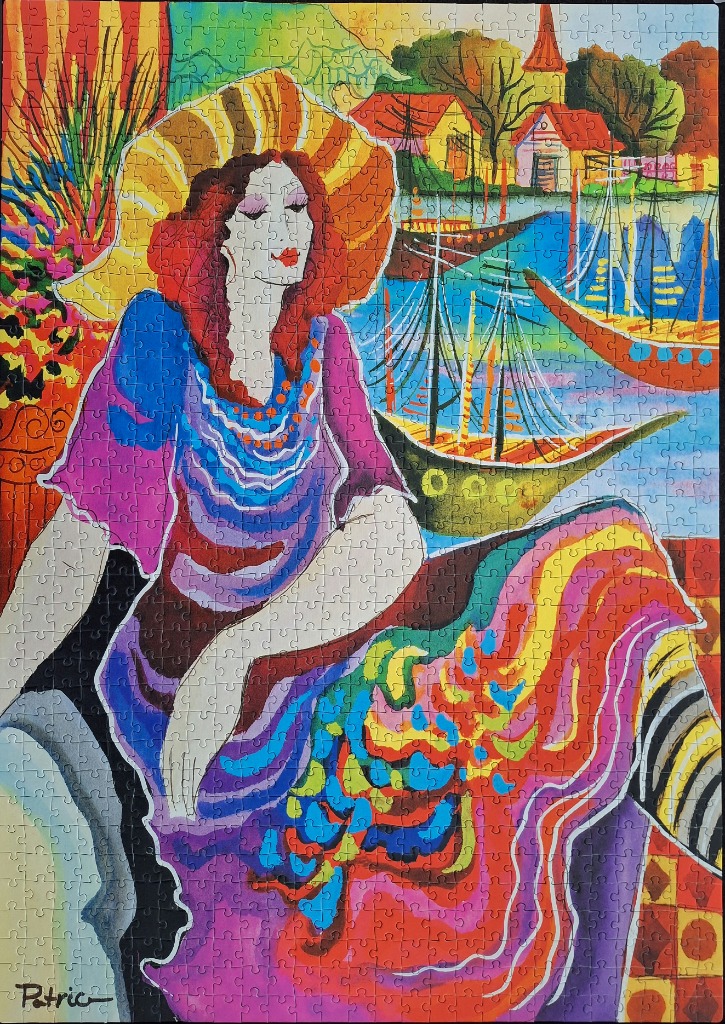 A stylish woman in a wide-brimmed hat sits by a harbor with sailboats in a colourful, expressionist painting style.