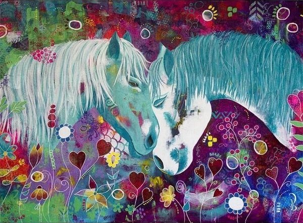 Two horses with teal and white coats touching heads amidst a vibrant, colorful abstract background of flowers and hearts.