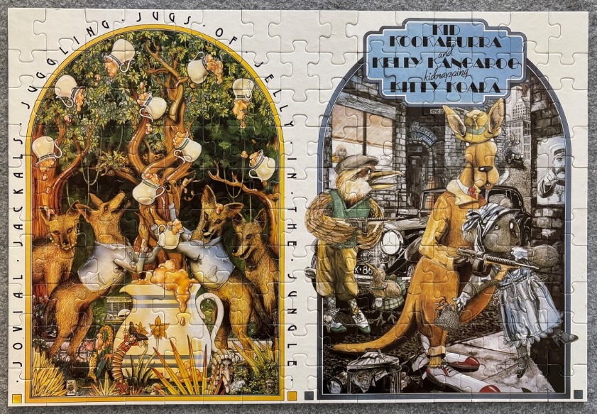 An illustration split into two arched panels showing whimsical animal scenes with text overhead.
