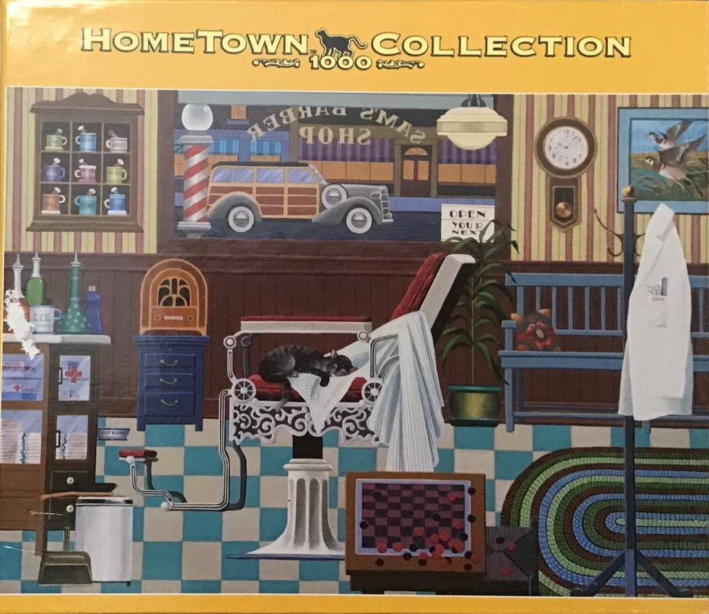 A nostalgic painting of a vintage barbershop interior featuring a cat sleeping on a barber chair.