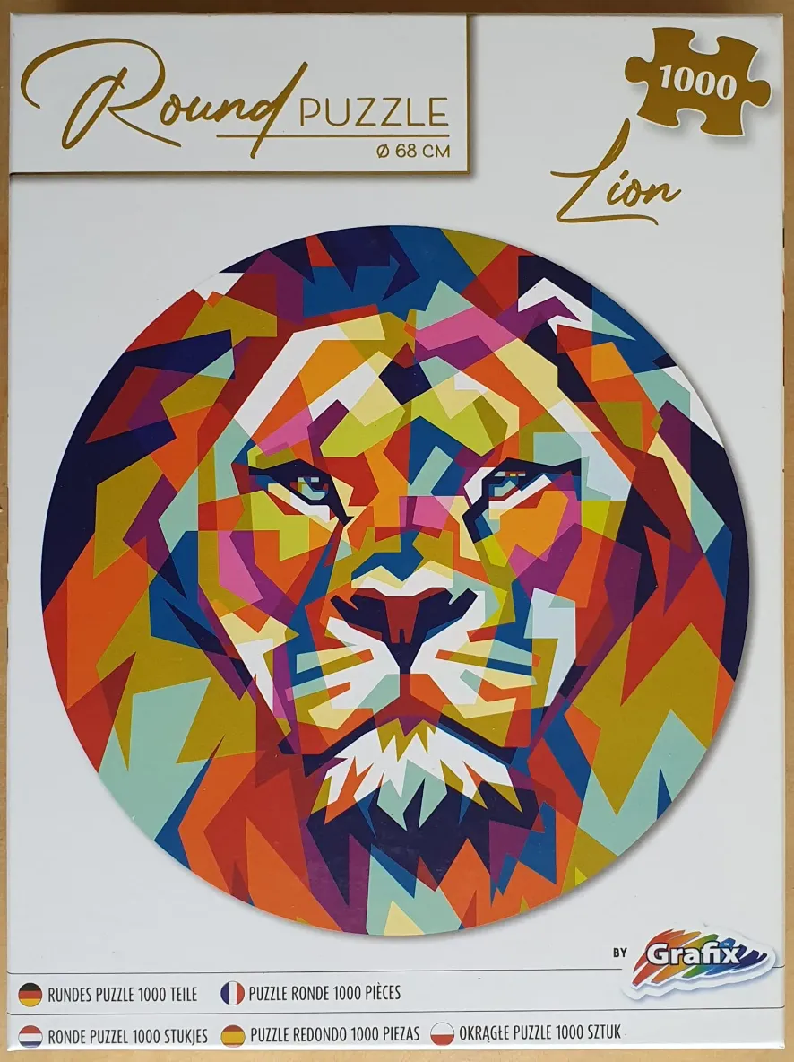 Geometric pop-art style portrait of a lion head in vibrant, multicolored segments.