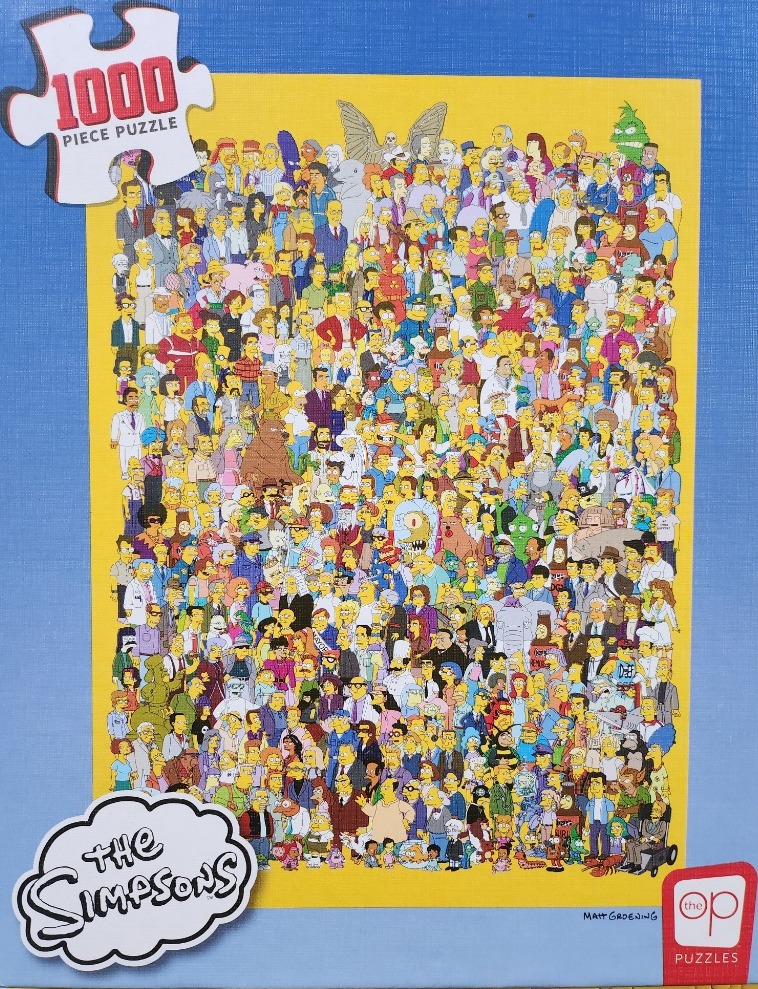 A dense, colorful illustration featuring hundreds of characters from The Simpsons animated series on a yellow background.