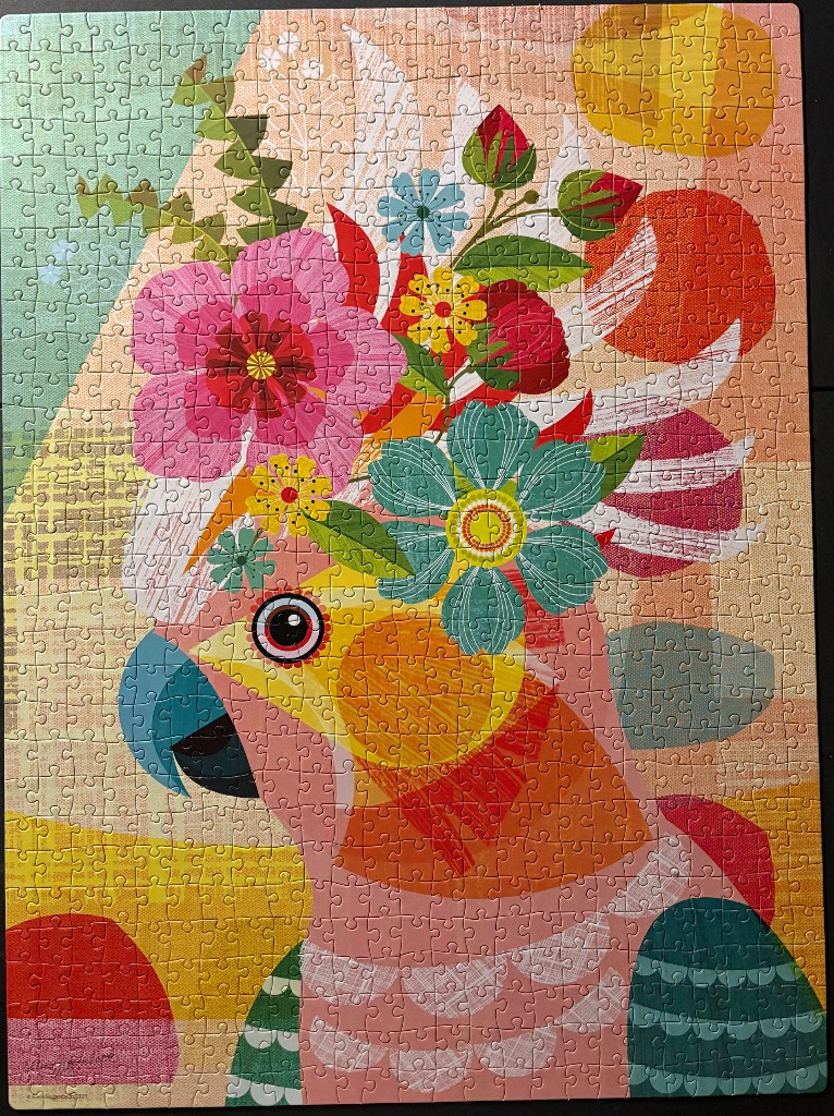 Stylized illustration of a cockatoo with a floral crown against a warm-toned, geometric background.