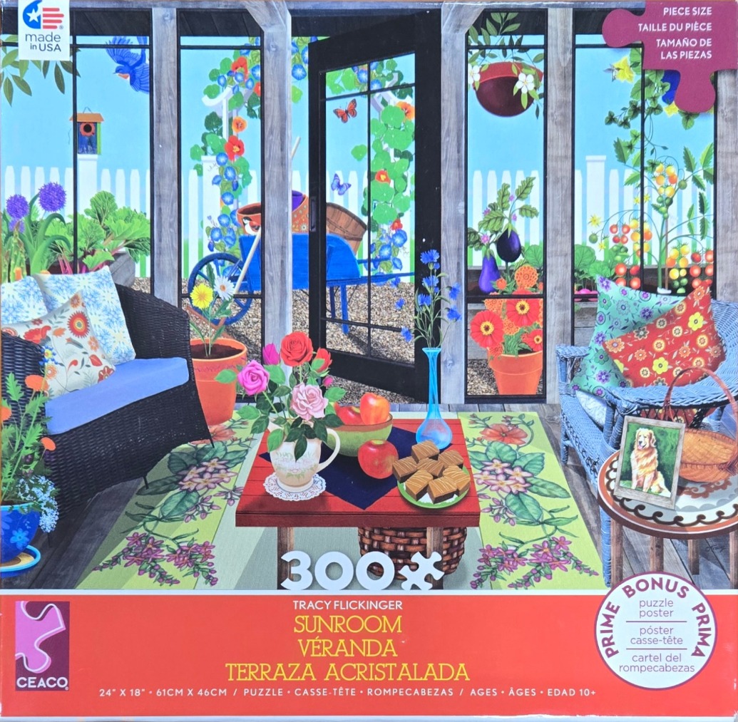 A cozy sunroom scene featuring wicker chairs, a small coffee table with tea, and a garden view through glass panels.