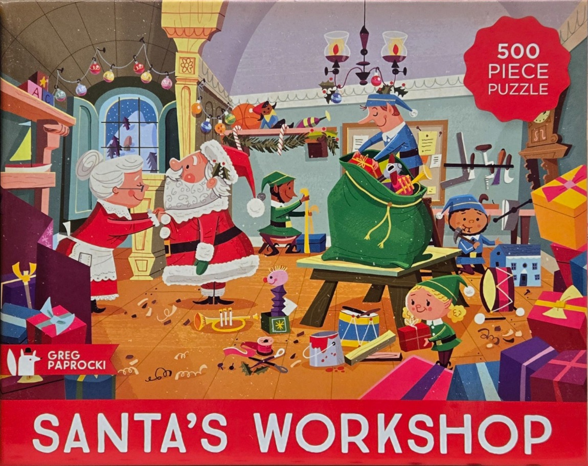 A whimsical illustration of Santa, Mrs. Claus, and several elves working in a brightly colored workshop.
