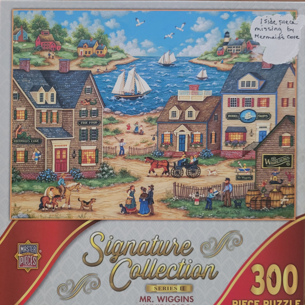 A charming folk art seaside village scene with a harbor, colonial buildings, and horse-drawn carriages.
