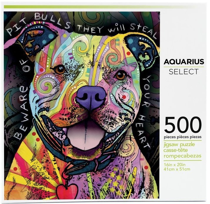 Colorful pop-art style portrait of a smiling pit bull dog with artistic patterns and text.