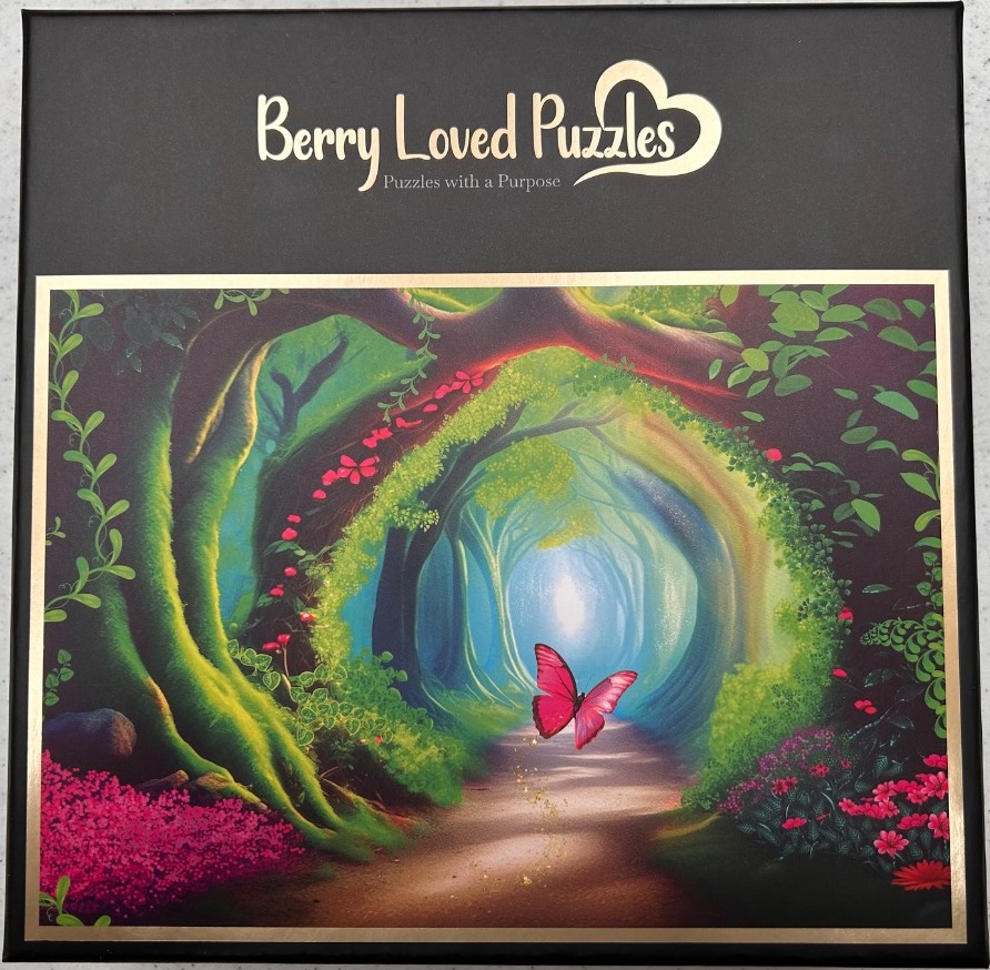 An enchanted forest tunnel with a bright pink butterfly floating above a path.