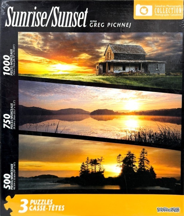 A composition of three landscape photographs showing sunrise and sunset scenes over a farmhouse, a lake, and pine trees.