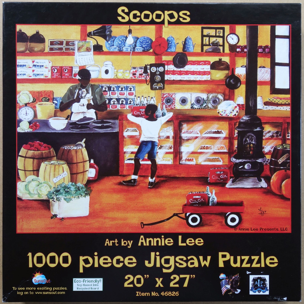 A nostalgic painting of an old-fashioned general store with a clerk and a customer, rendered in a warm, folk art style.
