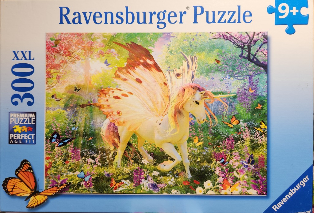 A fantasy illustration of a unicorn with large butterfly wings standing in a sunlit meadow filled with flowers.