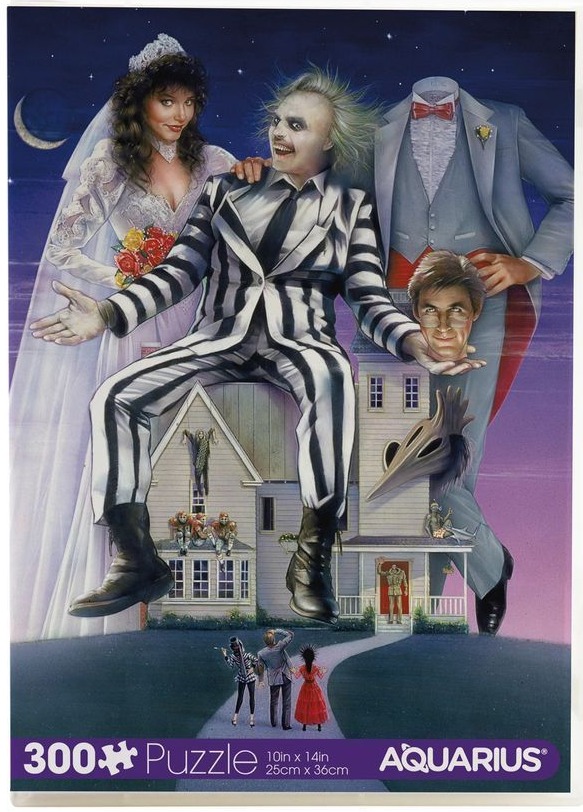Illustration of Beetlejuice characters and a spooky house under a night sky.