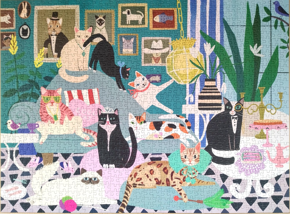 A whimsical illustration of many cats relaxing in a stylish, art-filled living room.