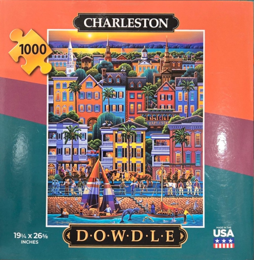 Folk art illustration of a vibrant Charleston waterfront at sunset with sailboats, historic buildings, and street life.
