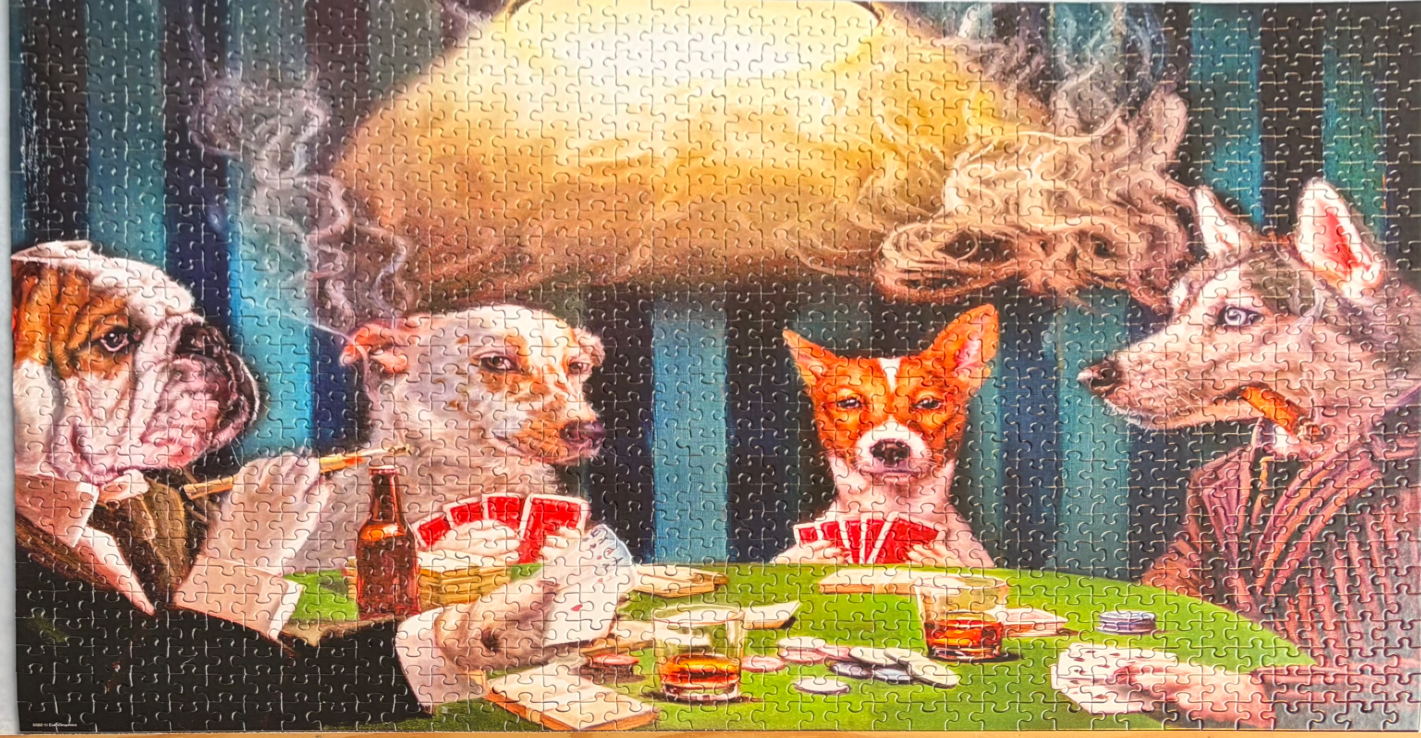 An illustration of four dogs in suits sitting around a green card table playing poker, with cigar smoke and whiskey.