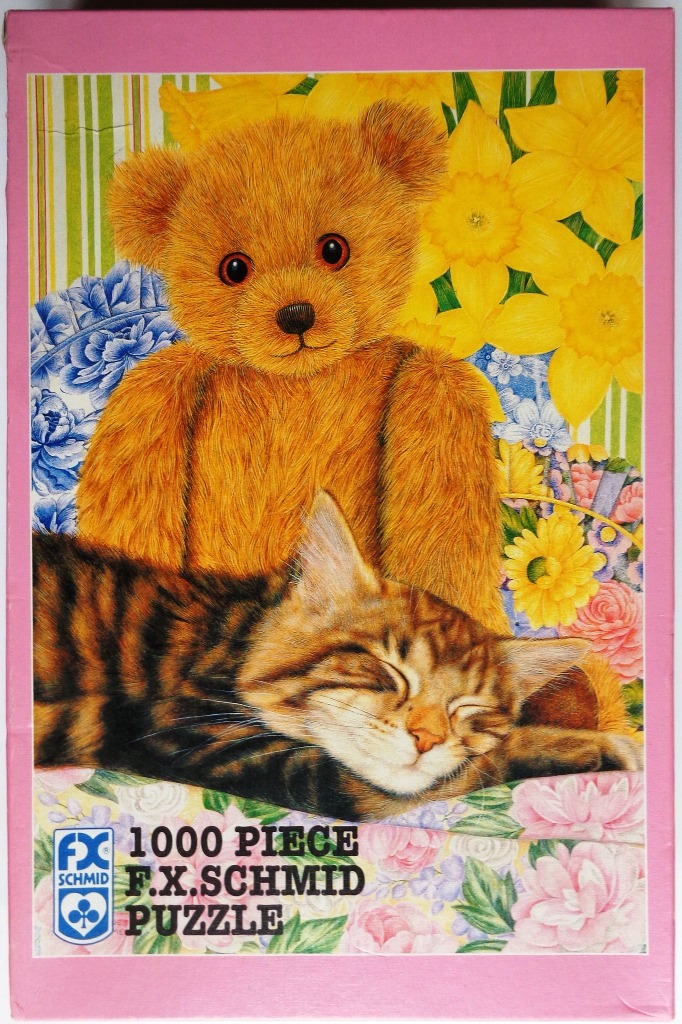 A detailed illustration of a teddy bear sitting behind a sleeping tabby cat among vibrant flowers.