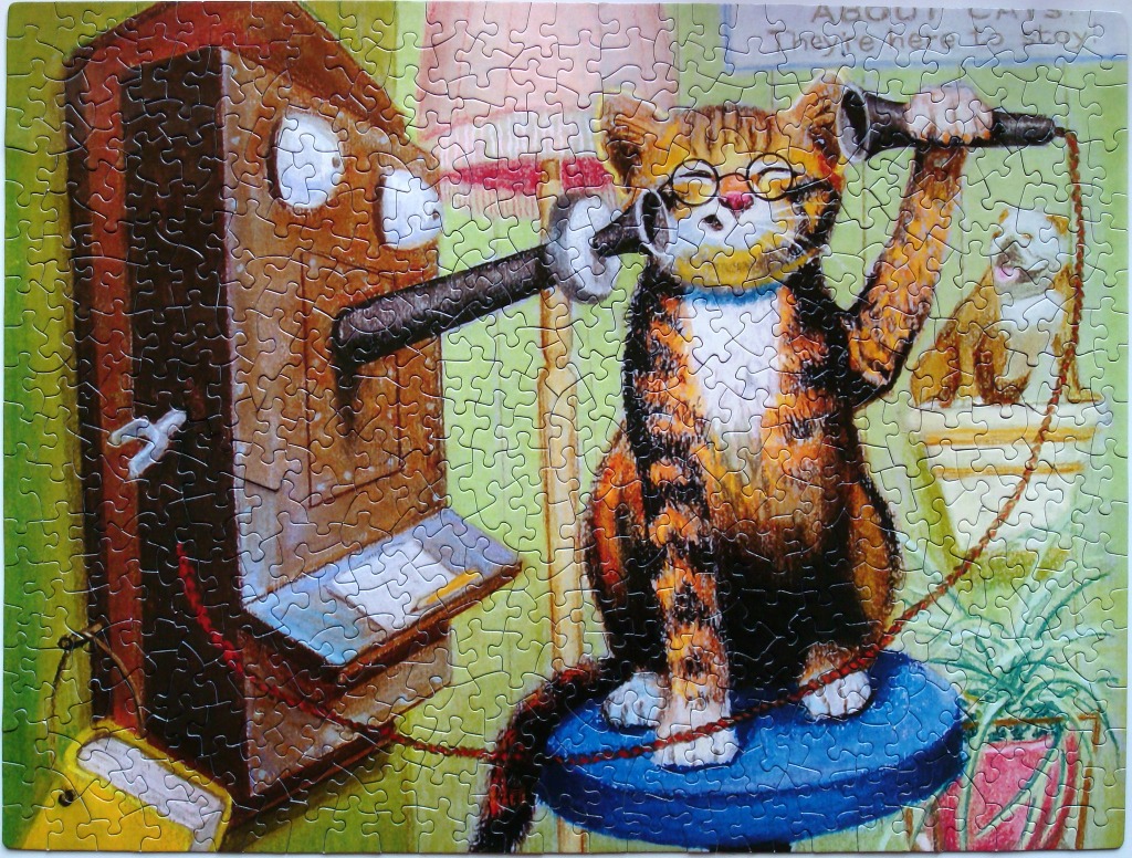 A whimsical illustration of a tabby cat wearing glasses and talking on an old-fashioned wall-mounted telephone.