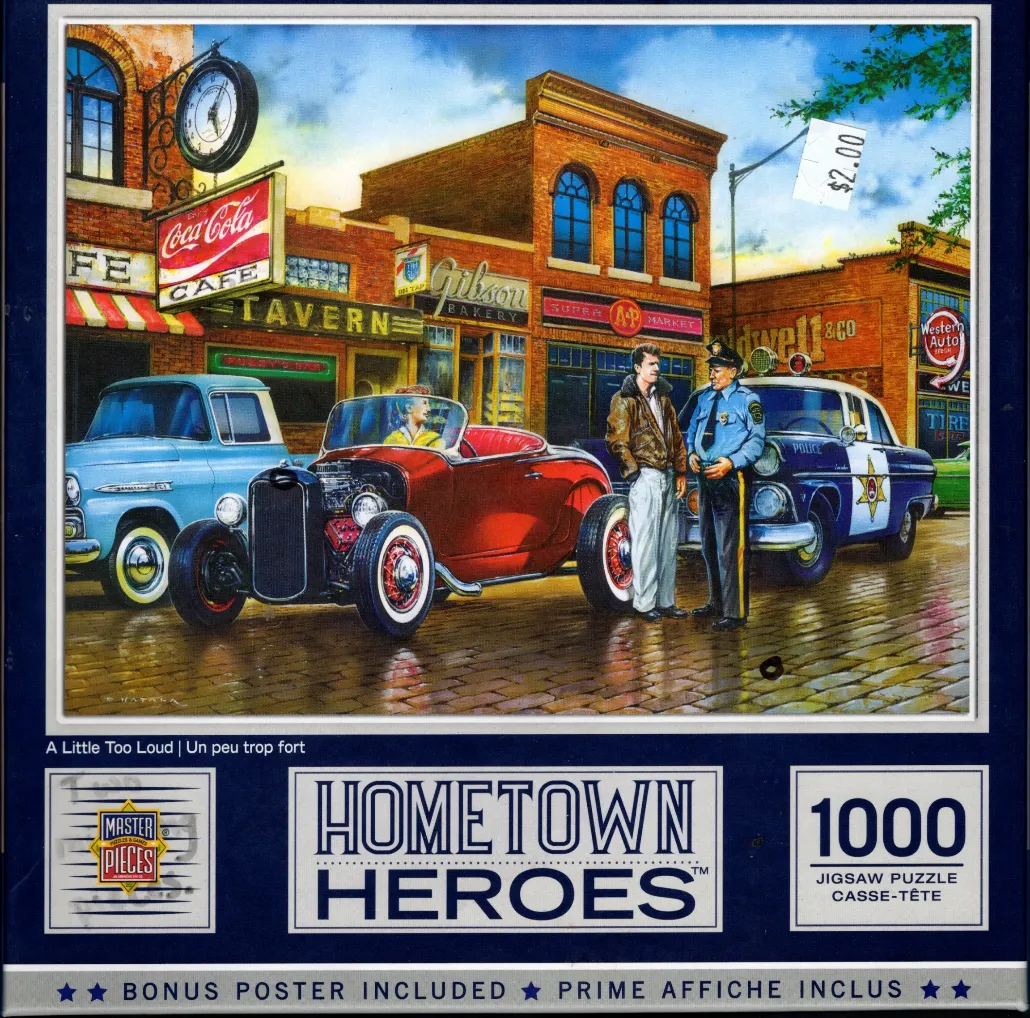A 1950s street scene featuring a red hot rod pulled over by a police officer, set in front of classic brick storefronts.