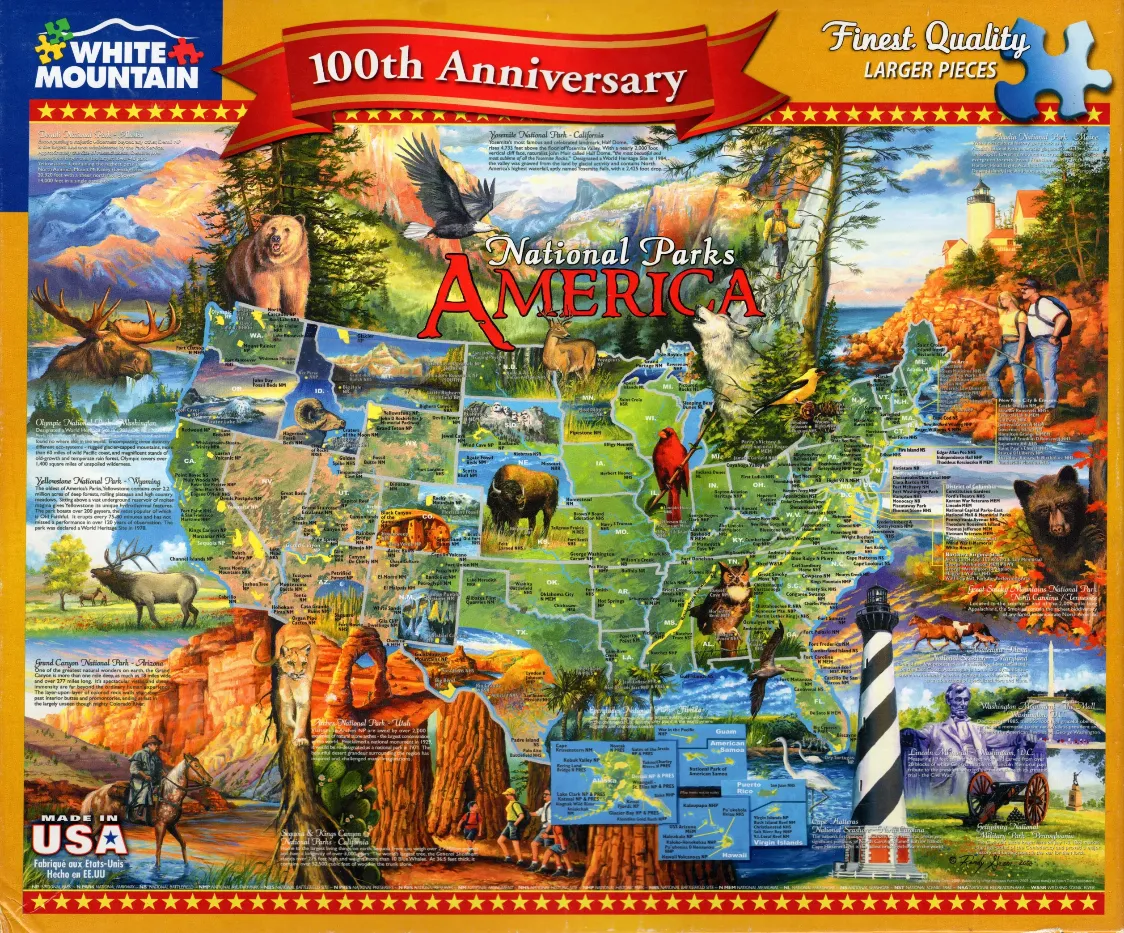 A vibrant illustrated map of the United States featuring diverse wildlife and iconic national park landscapes.