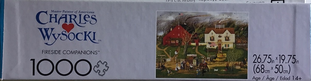 Americana scene with red barn, white house, and people in a rural setting.