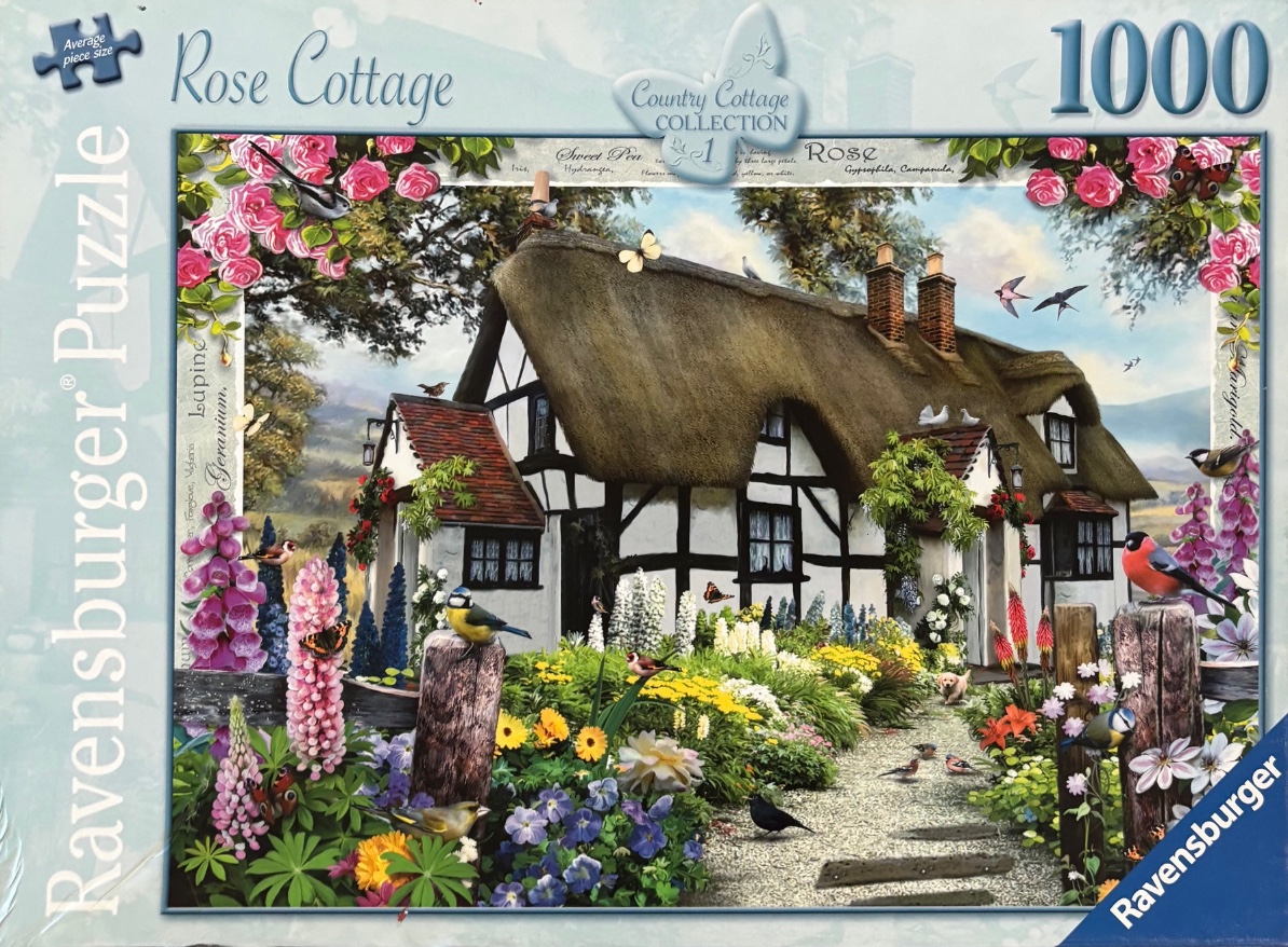 A charming thatched-roof cottage surrounded by lush flower gardens and various songbirds.