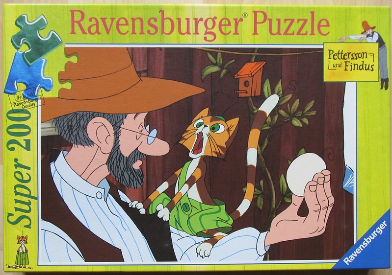 An illustrated scene featuring an elderly man with a beard and a cat wearing green overalls looking at a white egg.