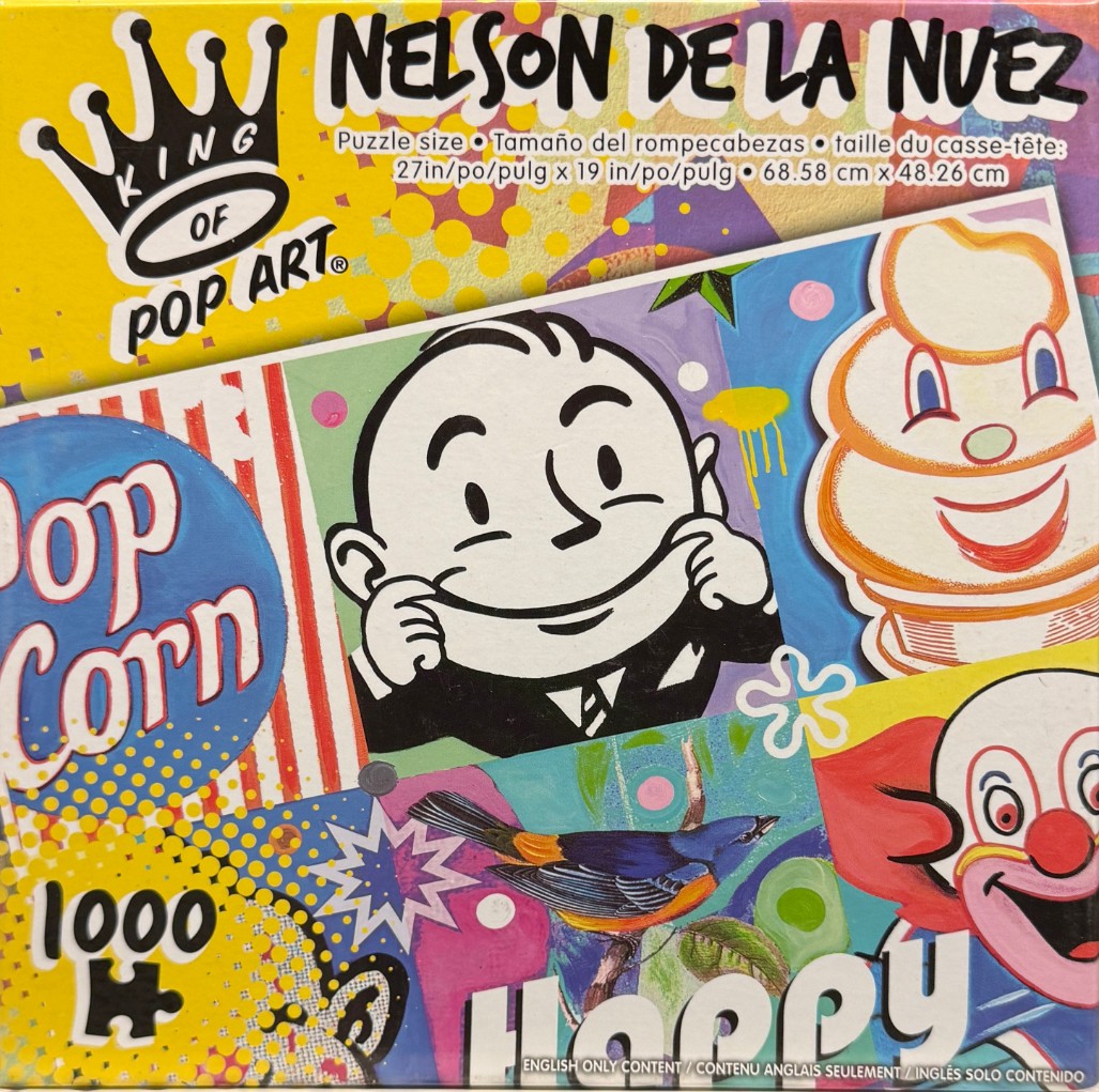 A vibrant pop art collage featuring a cartoon man, ice cream, a blue bird, and a clown.