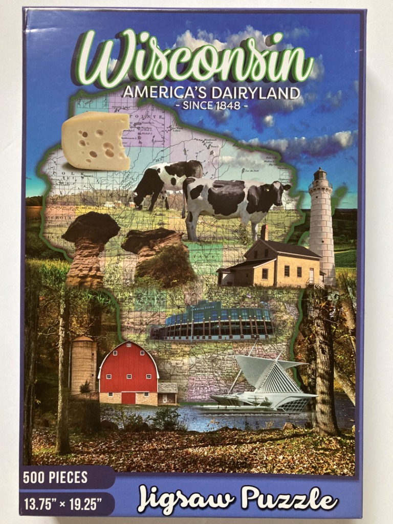A collage of Wisconsin landmarks and symbols laid over a map of the state.