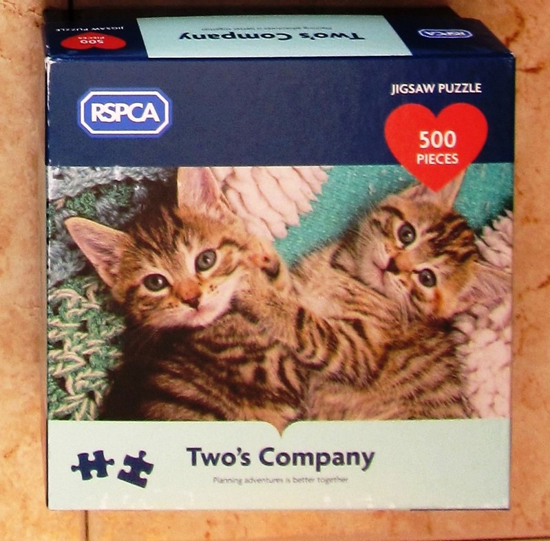 Two tabby kittens lying together on a knitted blanket.