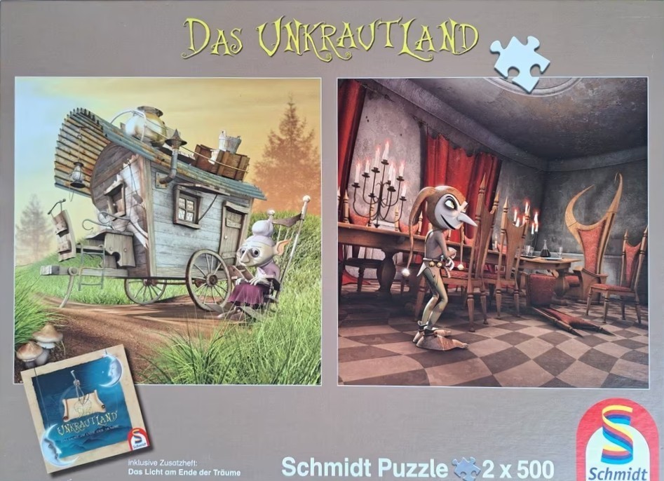Two fantasy illustrations showing a gnome sitting by a rustic caravan and a jester standing in a dark dining hall.