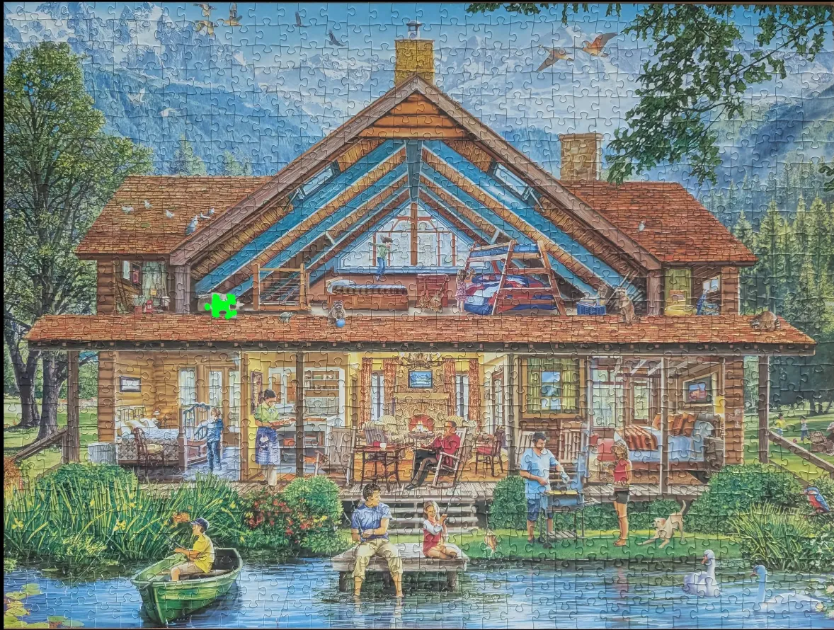 A cutaway illustration of a rustic two-story lodge by a lake with people enjoying various leisure activities.