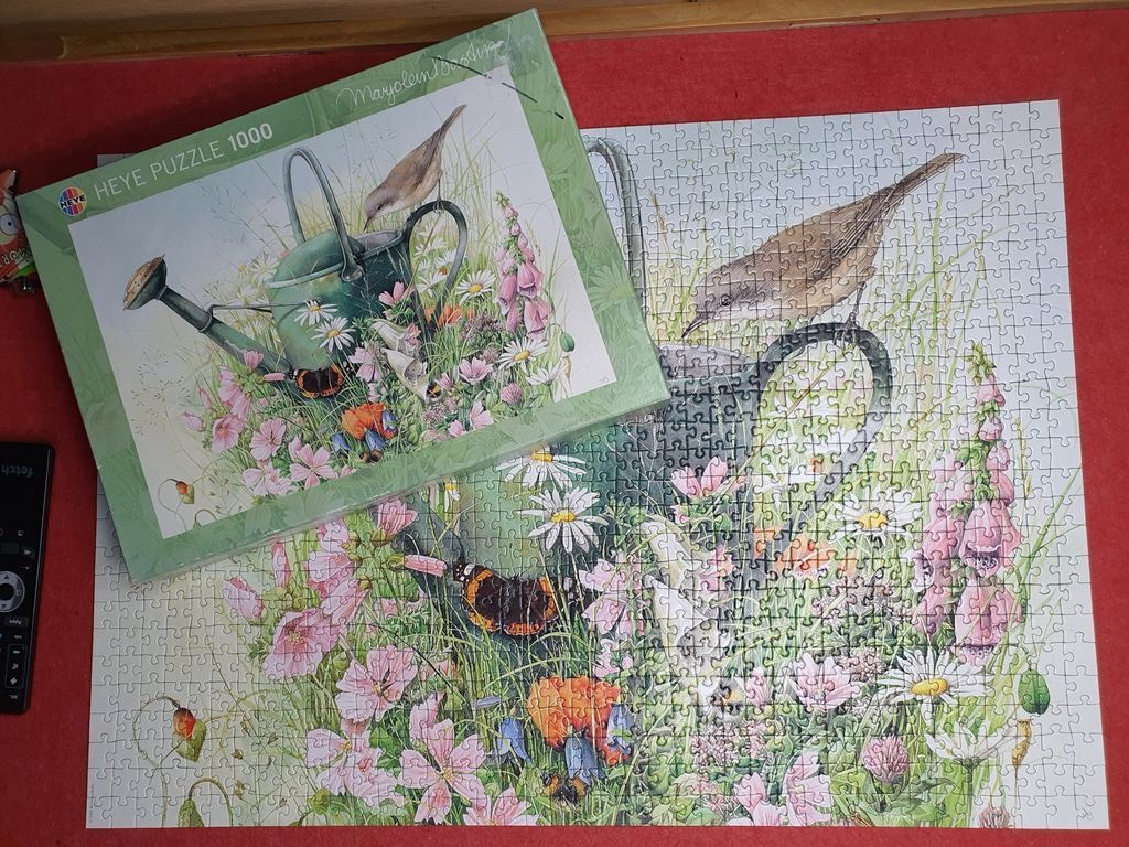 A watercolor illustration of a green watering can nestled in a garden with a bird, flowers, and butterflies.