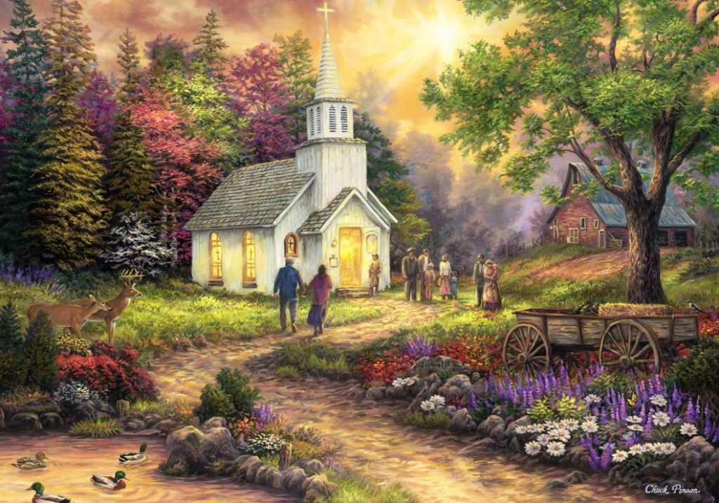 A pastoral scene featuring a white church in a sunlit forest clearing with people walking towards it.
