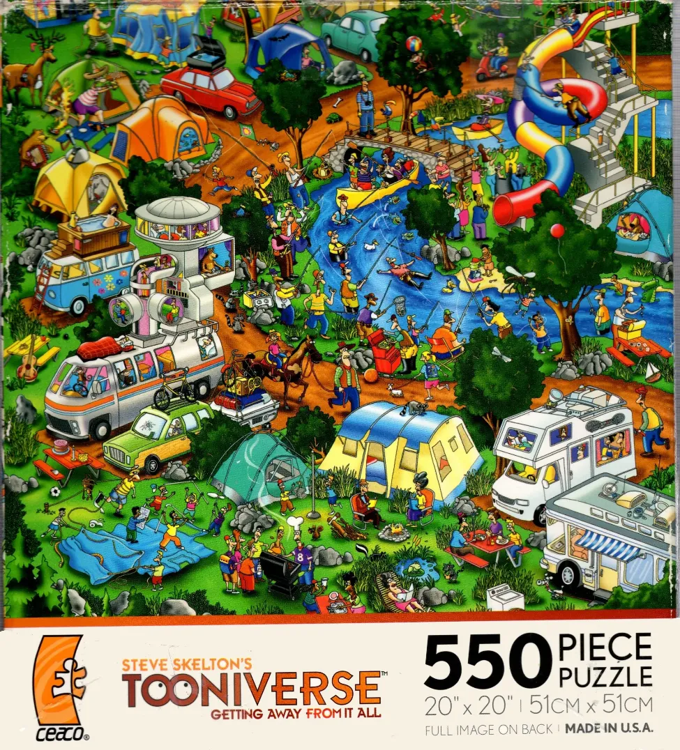 A chaotic, vibrant cartoon campsite scene filled with campers, RVs, tents, and a water slide.