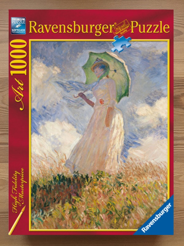 Impressionist painting of a woman standing in a field holding a green parasol under a cloudy sky.