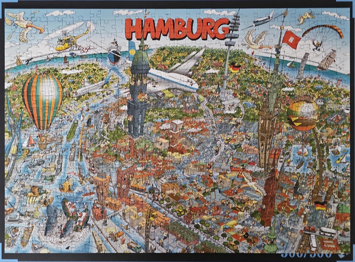 Cartoon-style panoramic illustration of the city of Hamburg with landmarks, ships, and aircraft.