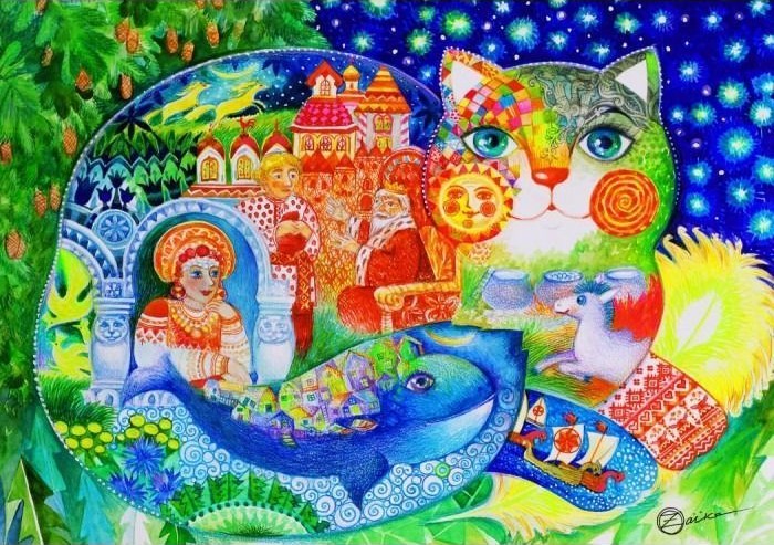 A whimsical illustration of a cat filled with Russian folktale motifs, including a princess, a king, and a large whale.