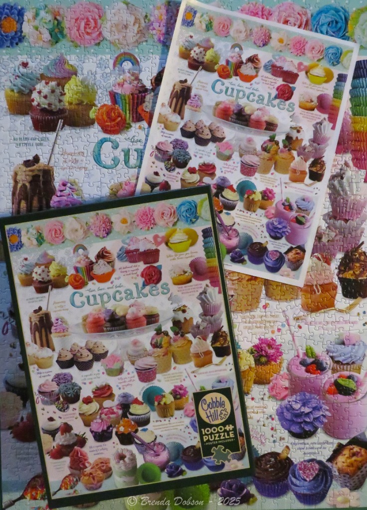A collage of decorated cupcakes in various colors and designs, scattered across a light background.