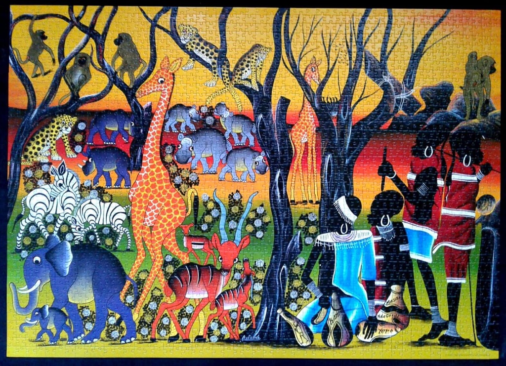 Stylized illustration of African wildlife and tribal figures in a vibrant savanna landscape.